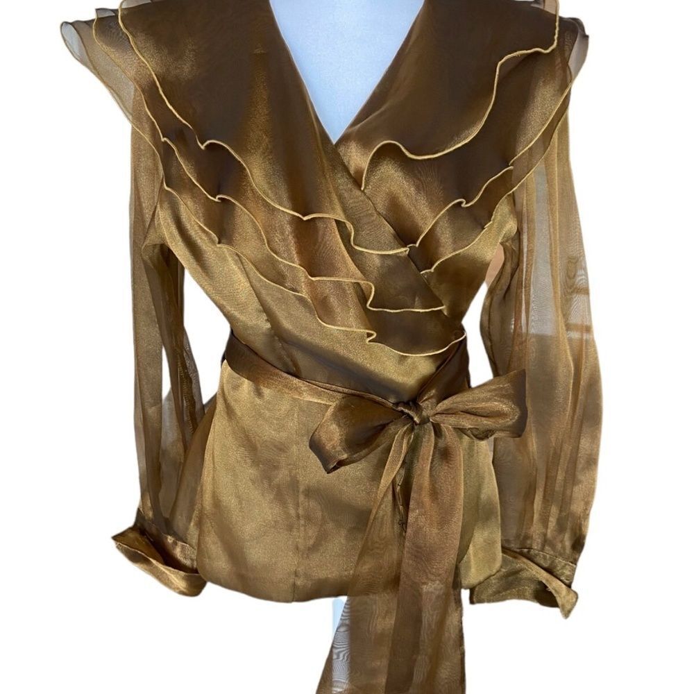 Hampton Nites Vintage Gold Chiffon Ruffled Wrap Blouse Sz M/L‎